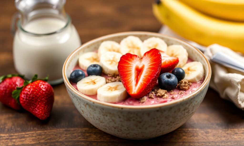 Energizing protein-packed strawberry banana bowl for a healthy morning.