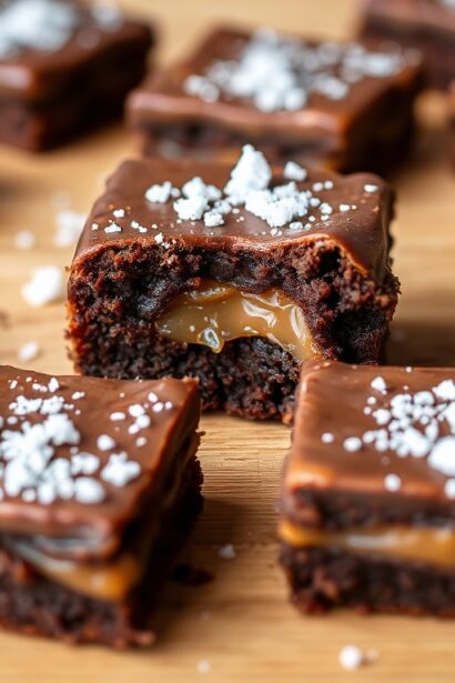 Decadent fudgy miso caramel brownies with sea salt crunch.