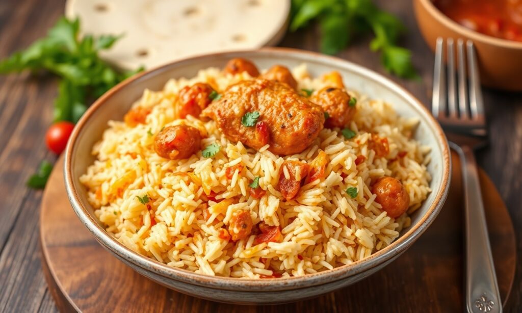 Easy Jollof chicken rice recipe, vibrant and flavorful.