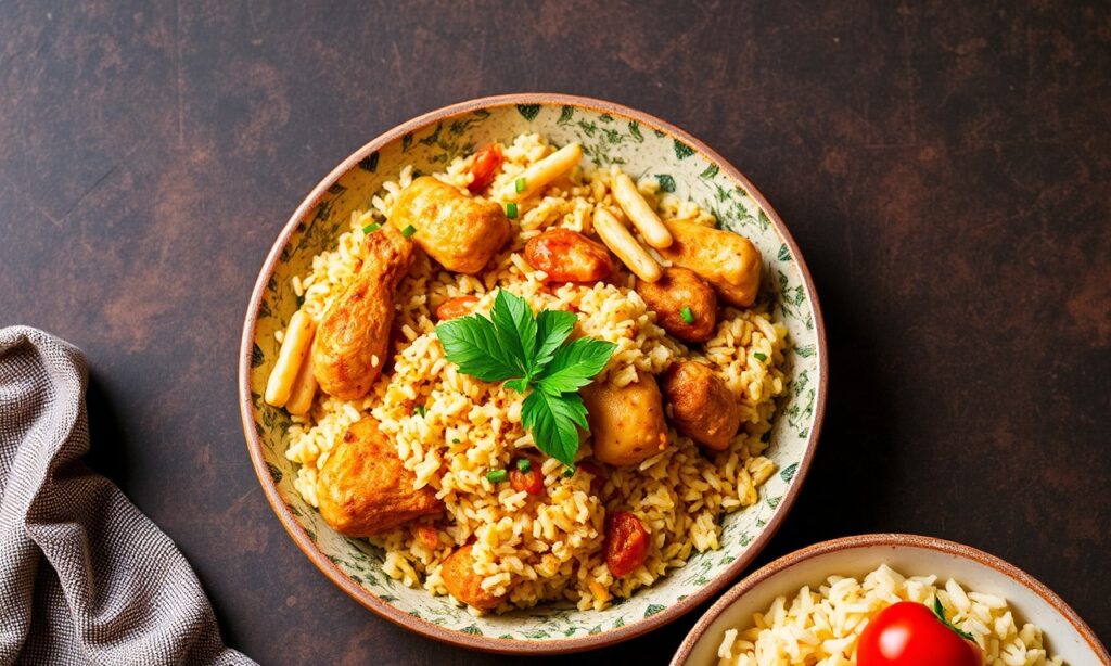 Easy Jollof chicken rice recipe with tender chicken and aromatic spices.