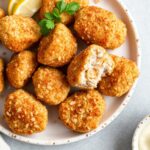 Crispy almond flour chicken nuggets, healthy baked recipe.