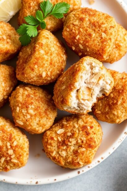 Crispy almond flour chicken nuggets, healthy baked recipe.