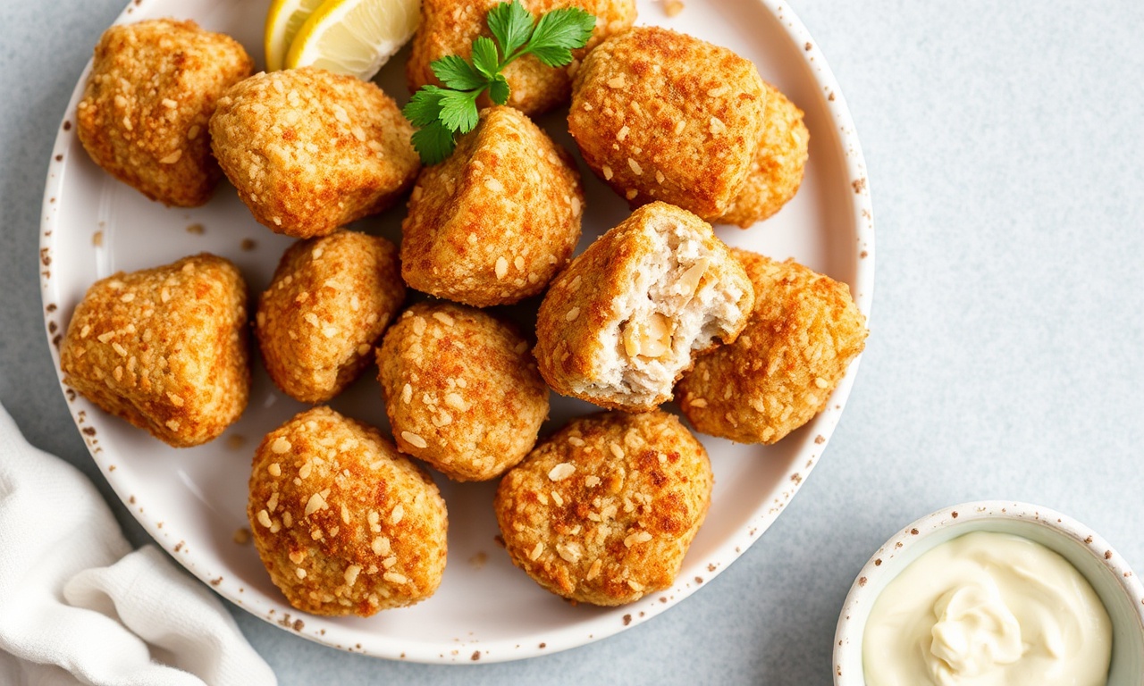 Crispy almond flour chicken nuggets, healthy baked recipe.