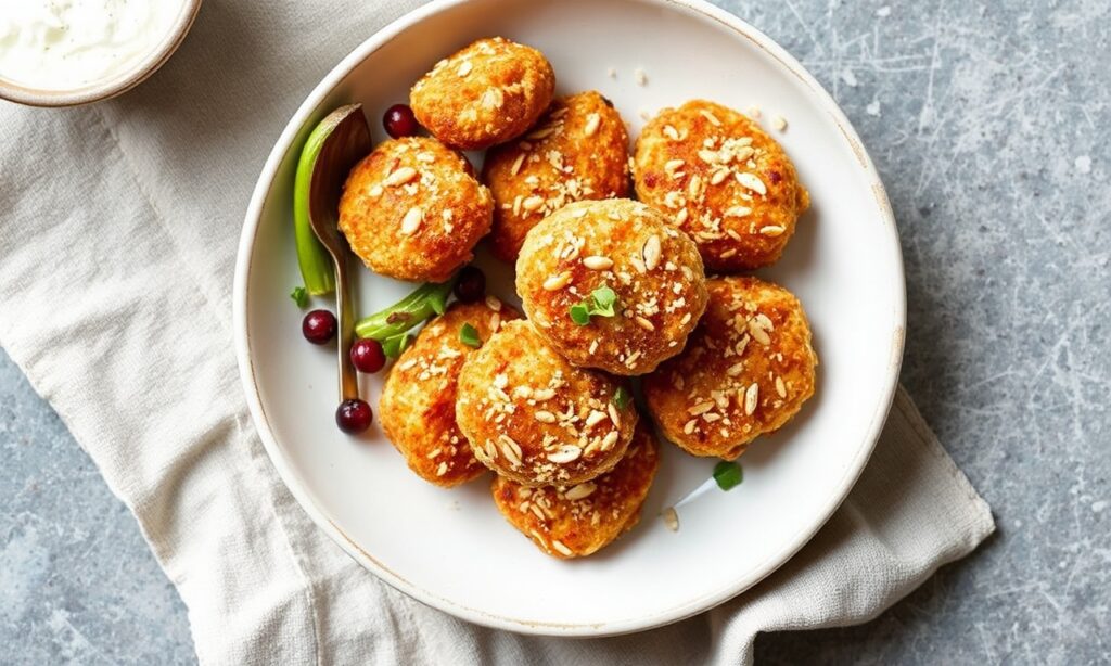 Crispy almond flour baked chicken nuggets, healthy comfort food.