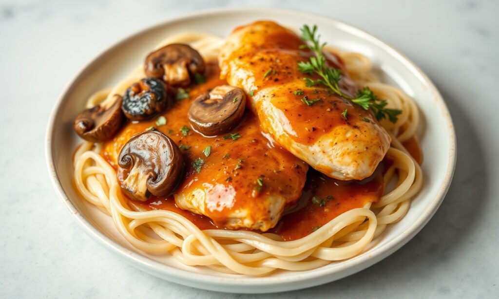Easy creamy chicken Marsala recipe for quick weeknight meals.