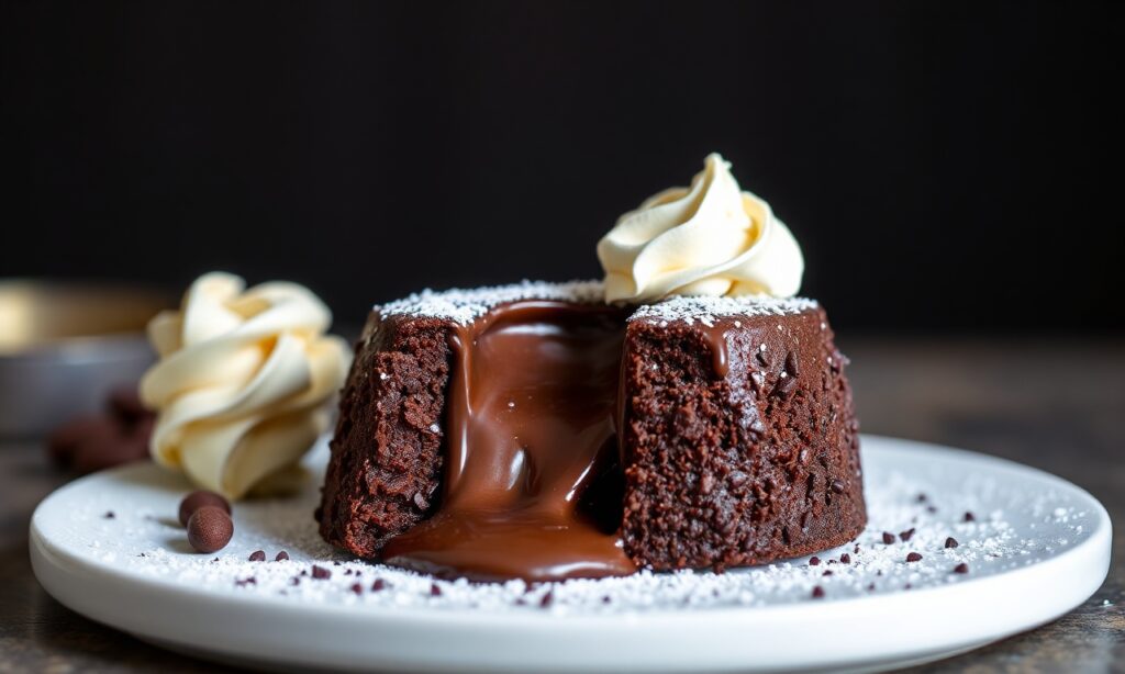 Decadent chocolate molten lava cake for two, oozing rich chocolate.