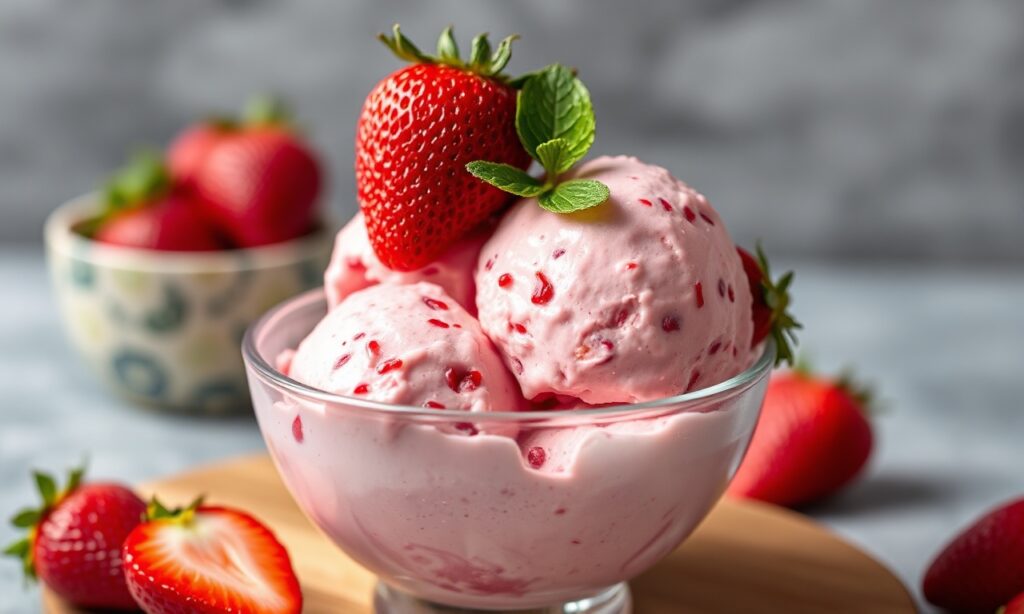 Irresistible no-churn strawberry cheesecake ice cream recipe.