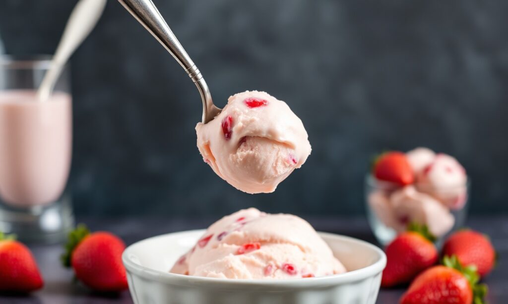 Irresistible no-churn strawberry cheesecake ice cream, creamy and luscious.