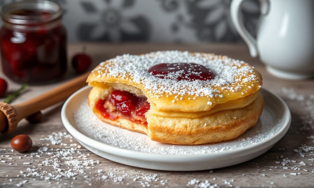 Perfect homemade Berliner Pfannkuchen with jam.