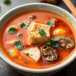 Hearty hot soup with tofu, mushrooms, and savory broth.