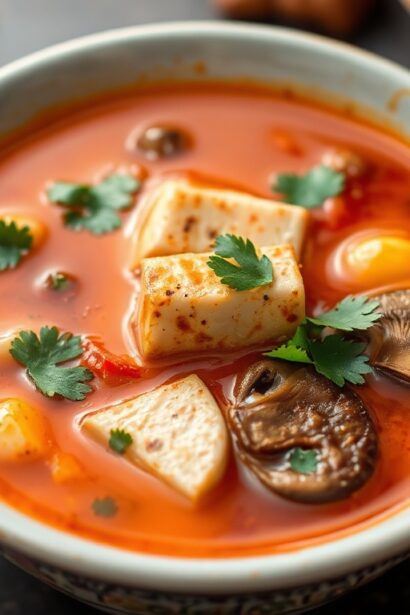 Hearty hot soup with tofu, mushrooms, and savory broth.