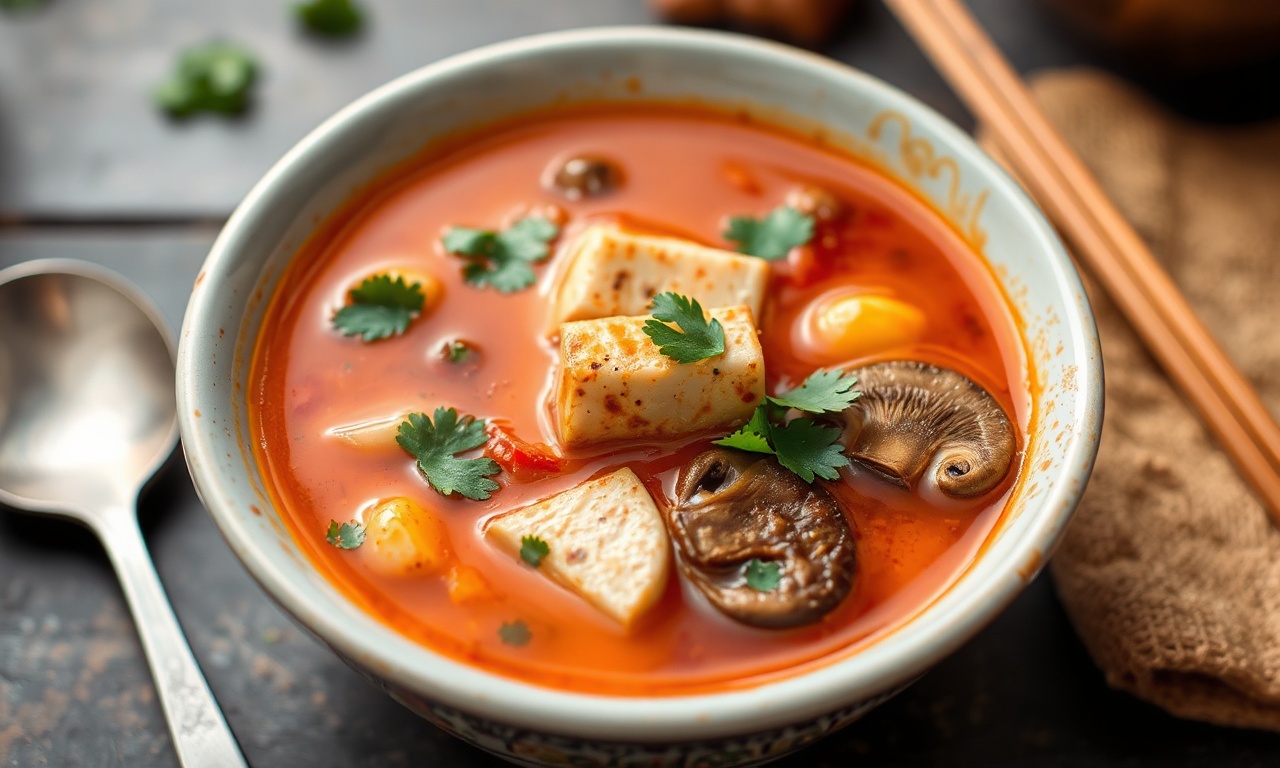 Hearty hot soup with tofu, mushrooms, and savory broth.