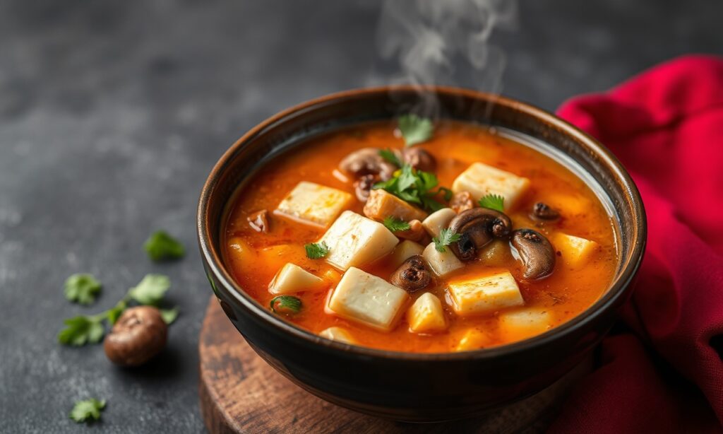 Hearty hot soup with tofu and mushrooms, a comforting culinary delight.