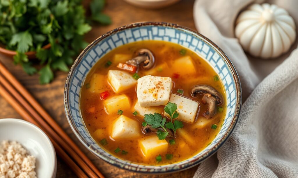 Hearty hot soup with tofu and mushrooms, perfect for warmth.