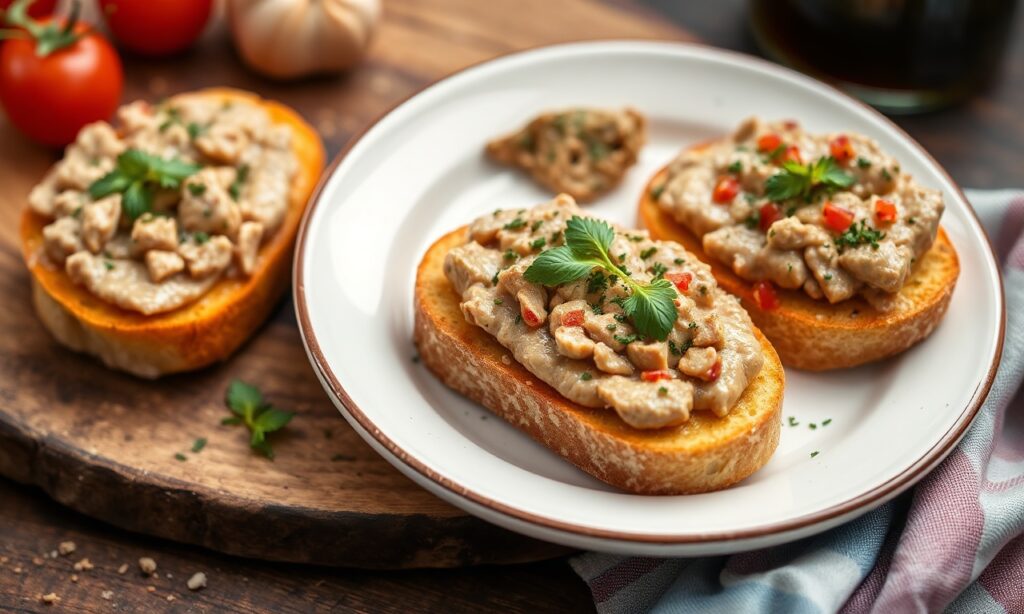 Irresistible chicken liver pâté crostini, Tuscan flavors.