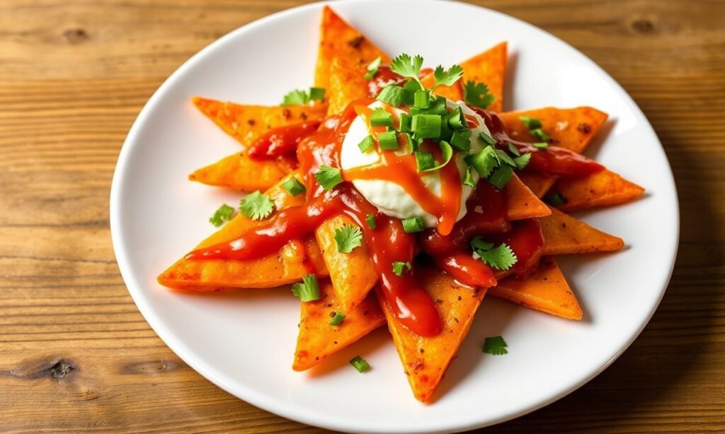 Gochujang sweet potato nachos: Spicy, savory, sweet snack perfection.