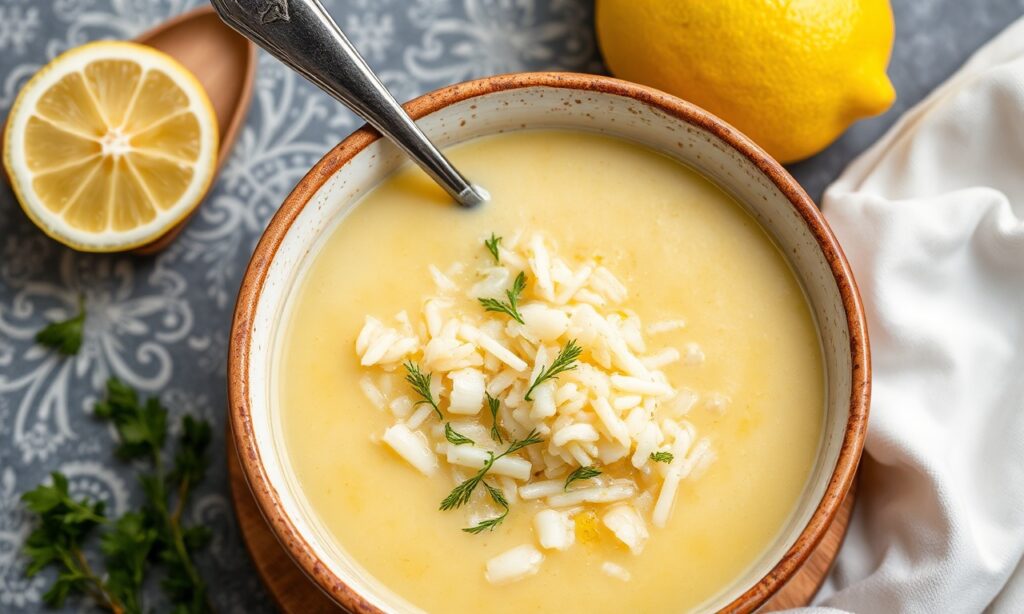 Delicious Greek lemon rice soup, the classic avgolemono recipe.