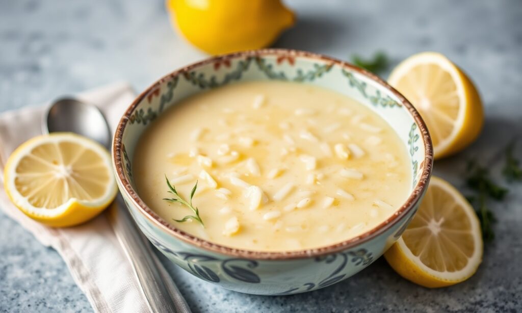 Comforting Greek lemon avgolemono soup recipe.
