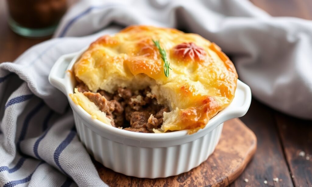 Hearty authentic shepherd's pie, golden-topped comfort food delight.