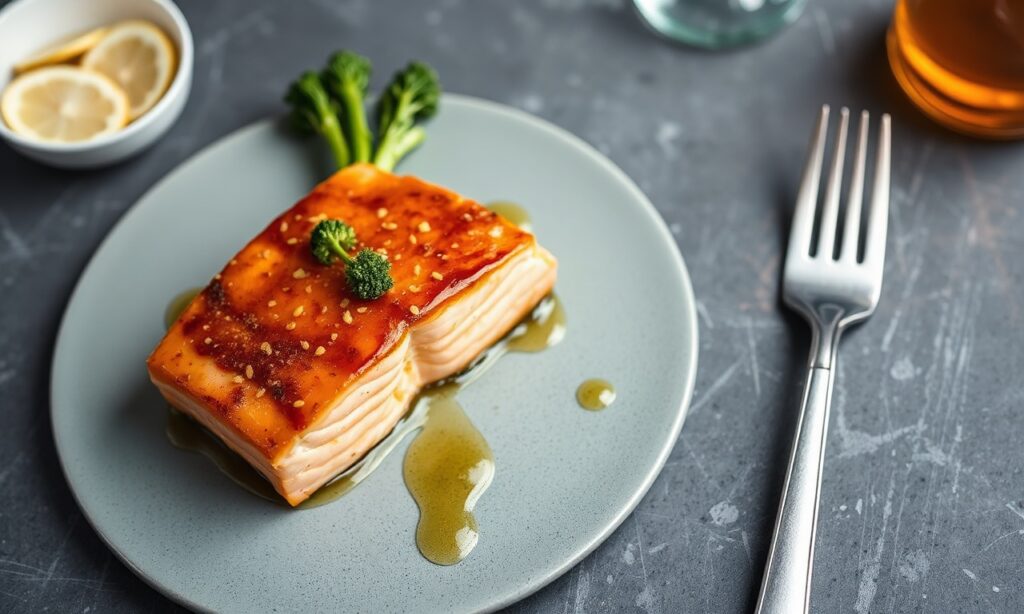 Irresistible honey-garlic salmon with broccolini, a delicious dinner.