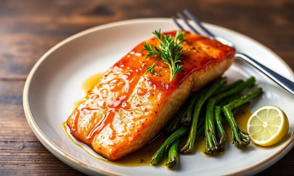 Irresistible honey-garlic salmon and broccolini, a savory and sweet delight.