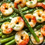 Pesto shrimp and asparagus skillet, quick, delicious, easy recipe.