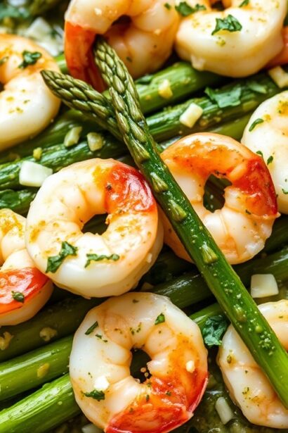 Pesto shrimp and asparagus skillet, quick, delicious, easy recipe.