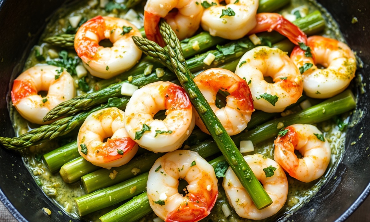 Pesto shrimp and asparagus skillet, quick, delicious, easy recipe.