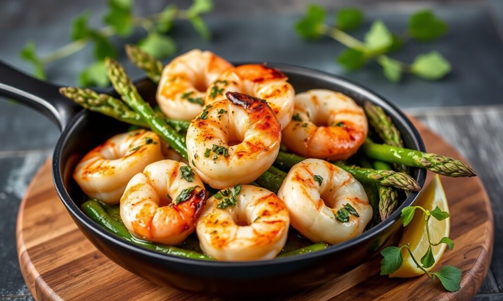 Quick Pesto Shrimp & Asparagus Skillet recipe, easy and delicious.