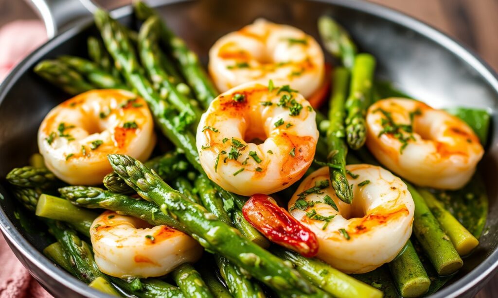 Quick pesto shrimp and asparagus skillet, a delicious and fast dinner.