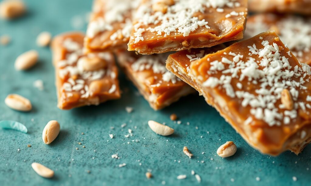 Sweet coconut cashew brittle, irresistible crunch and sweetness.