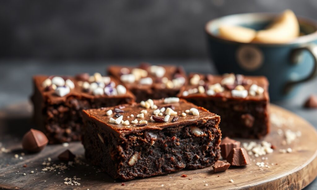 Decadent German chocolate brownies: rich, sweet fusion dessert indulgence.