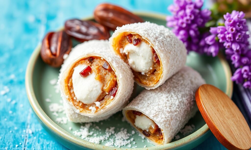 Delight chewy coconut date rolls: a naturally nourishing sweet treat.