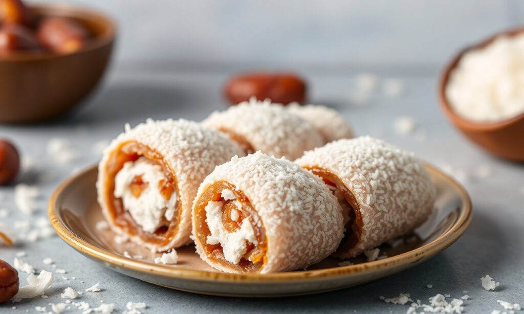 Delight chewy coconut date rolls, a sweet, tender, caramel treat.