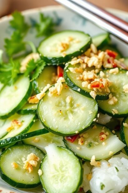 Chinese smashed cucumber salad with garlic zest, fresh and zesty.