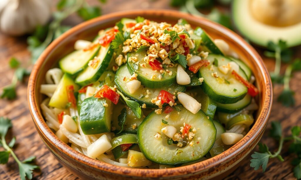 Chinese smashed cucumber salad with vibrant garlic zest.