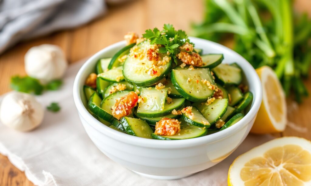 Delicious Chinese smashed cucumber salad with garlic zest.