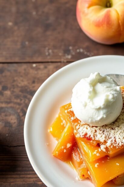 Easy peach cobbler with cake mix topping, delicious dessert.