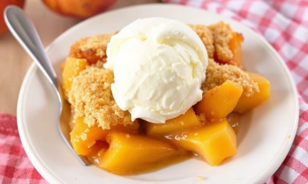 Easy peach cobbler with cake mix topping.