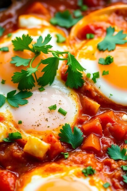 Healthy shakshuka with feta and cilantro, a flavorful delight.