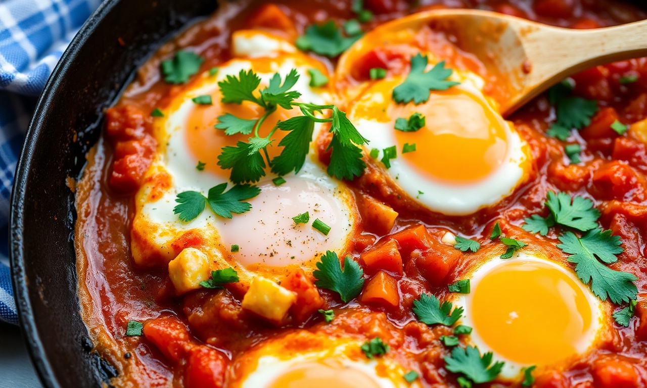 Healthy shakshuka with feta and cilantro, a flavorful delight.