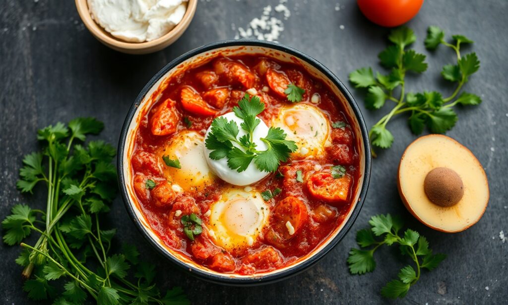 Healthy shakshuka with feta and cilantro, a delicious and simple meal.