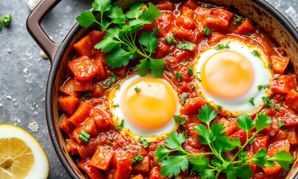 Healthy Shakshuka with feta and cilantro, a flavorful breakfast.