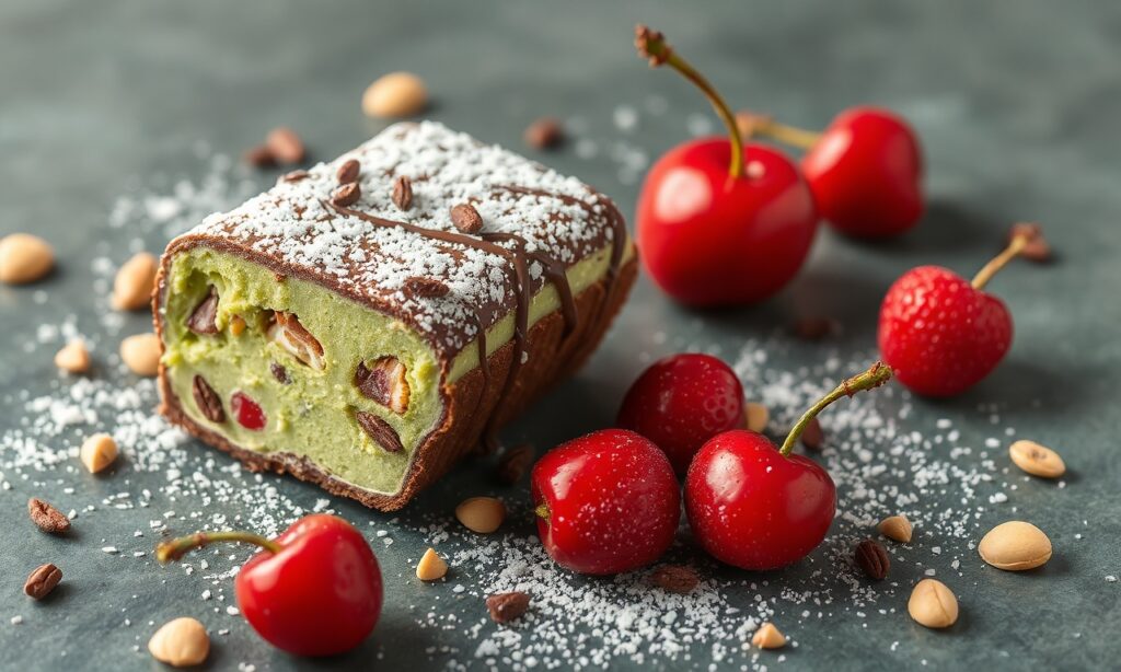 Irresistible Spumoni: Pistachio, cherry, chocolate layers of delicious delight.