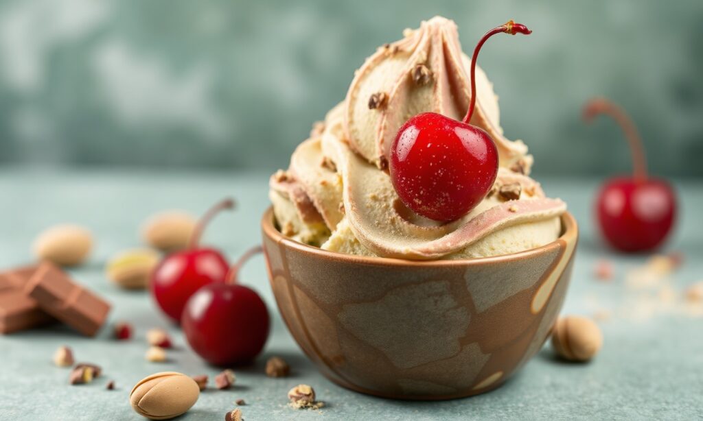 Irresistible Spumoni: pistachio, cherry, chocolate layers delight.
