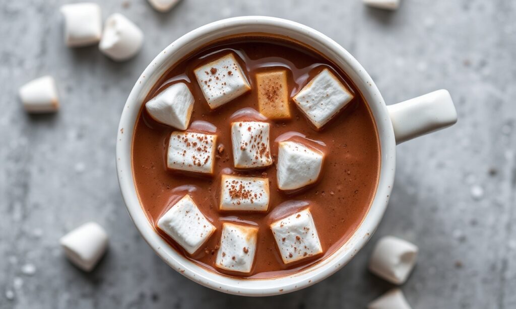 Decadent rich hot chocolate with fluffy marshmallows on a winter day.