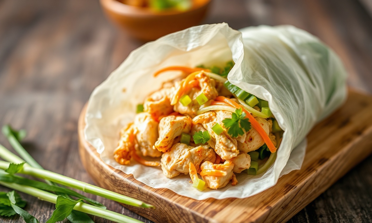 Fresh healthy lemongrass chicken wraps, vibrant and delicious.