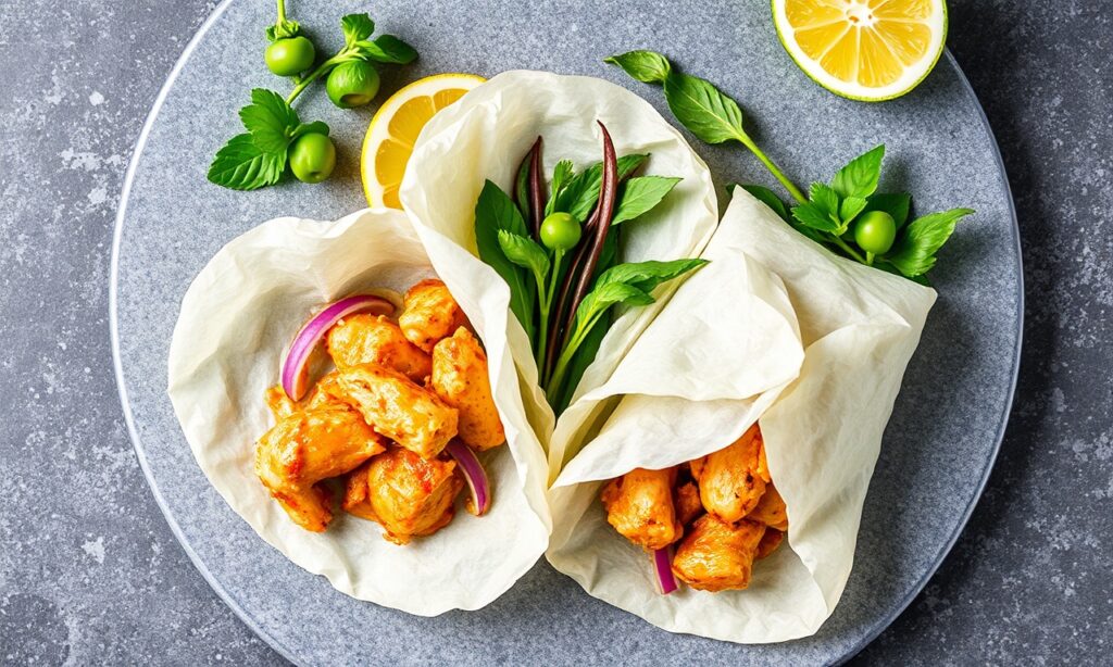 Fresh healthy lemongrass chicken wraps, exotic and approachable.