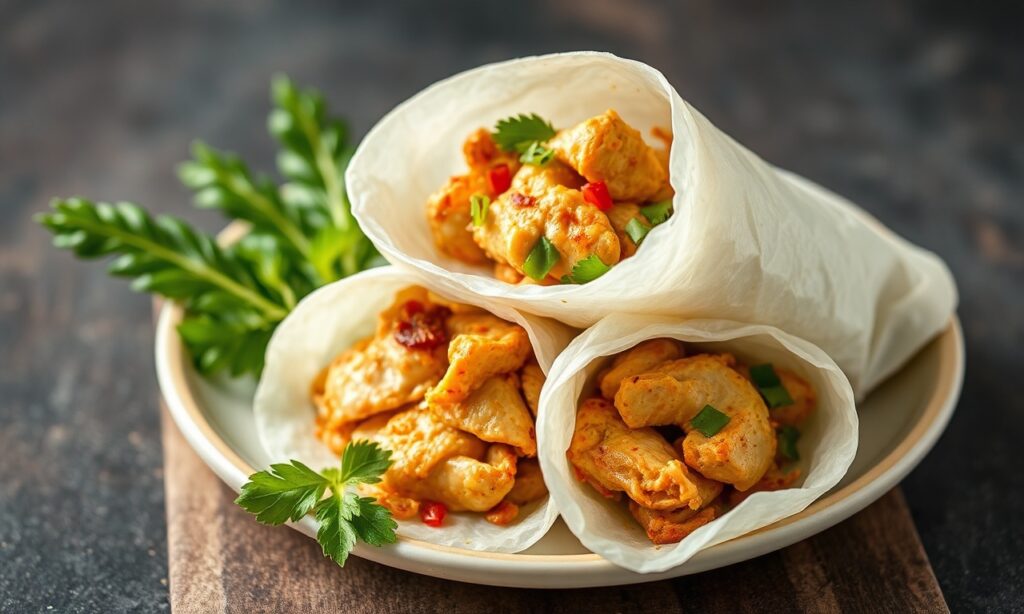 Fresh healthy lemongrass chicken rice paper wraps, vibrant Southeast Asian flavors.