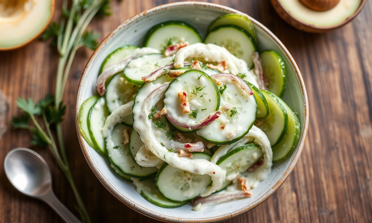 Creamy cucumber and onion salad recipe, fresh and delicious.